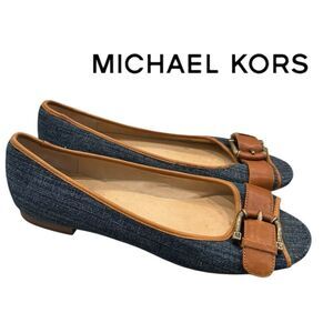 MICHAEL Michael Kors Blue Denim Tan Leather Open Toe Buckle Slip-on Flats 8